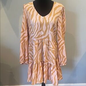 Zebra Print Long Sleeve Dress soft pink & tan